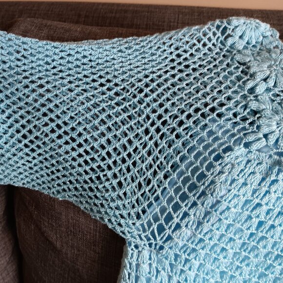 Rare Vintage Blue Crochet Mini Dress Boho Floral Fishnet Sleeves XS/S - Picture 8 of 15